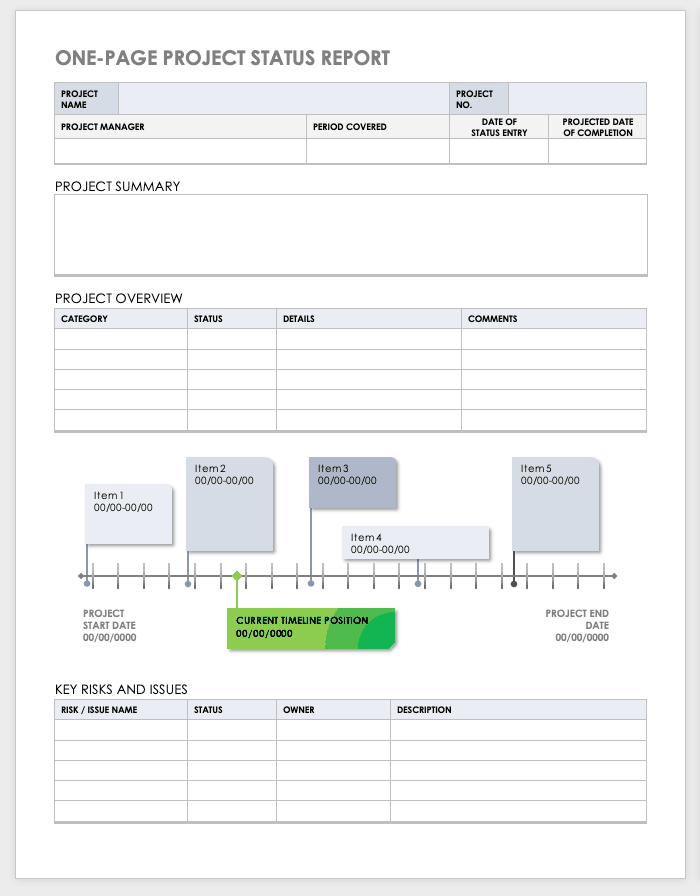 One Page Project Status Report Template