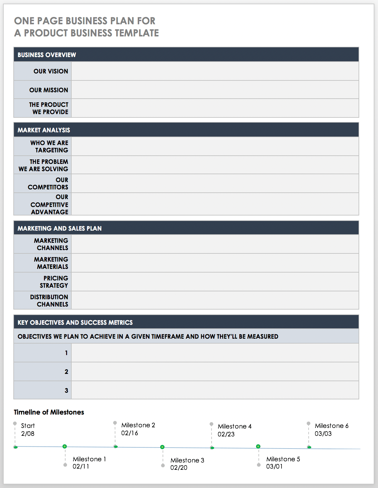 One Page Business Plan For A Product Business Template