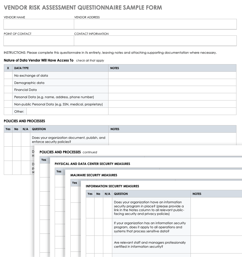 Vendor Risk Assessment Questionnaire Sample Form 