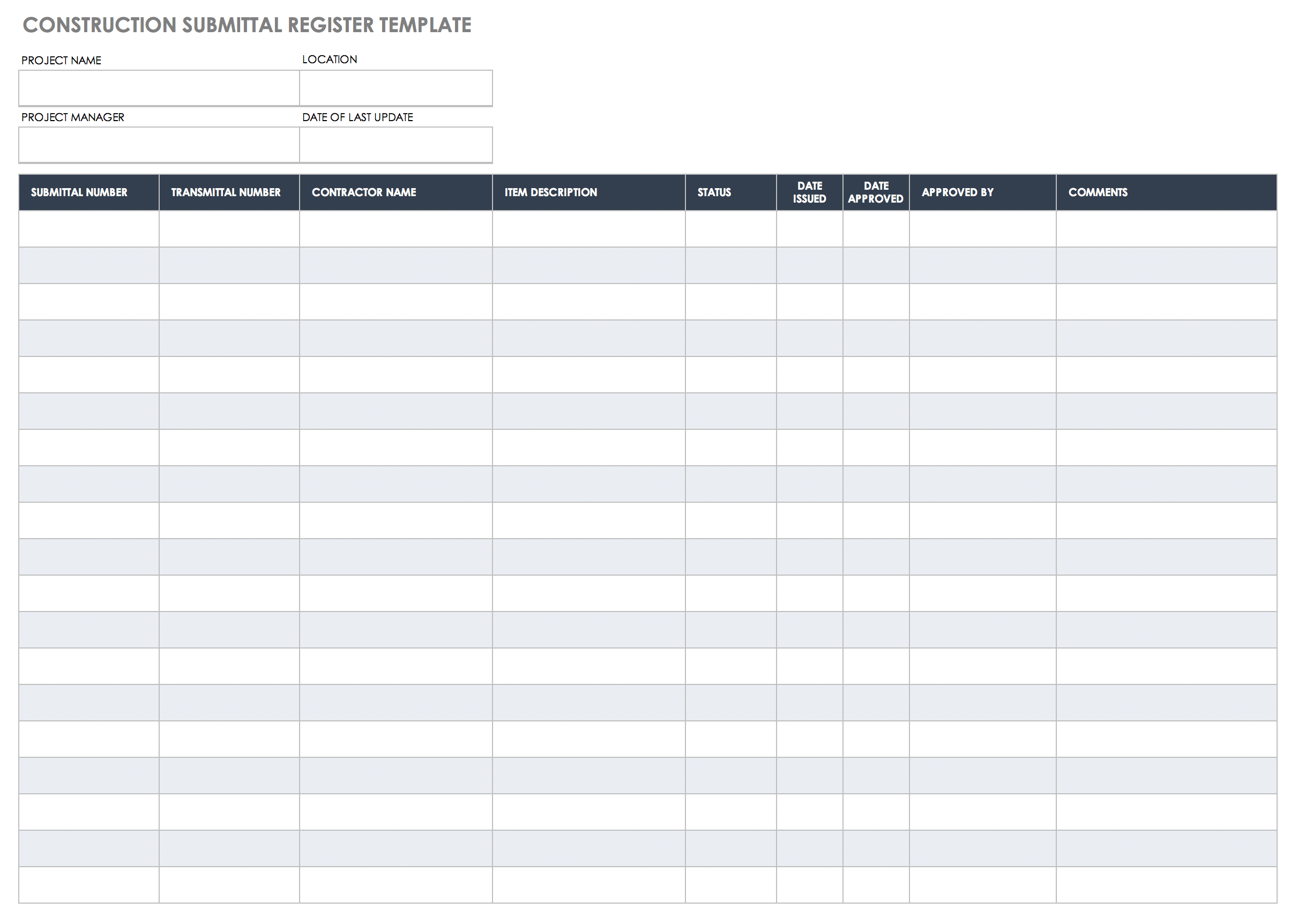 Construction Submittal Register Template