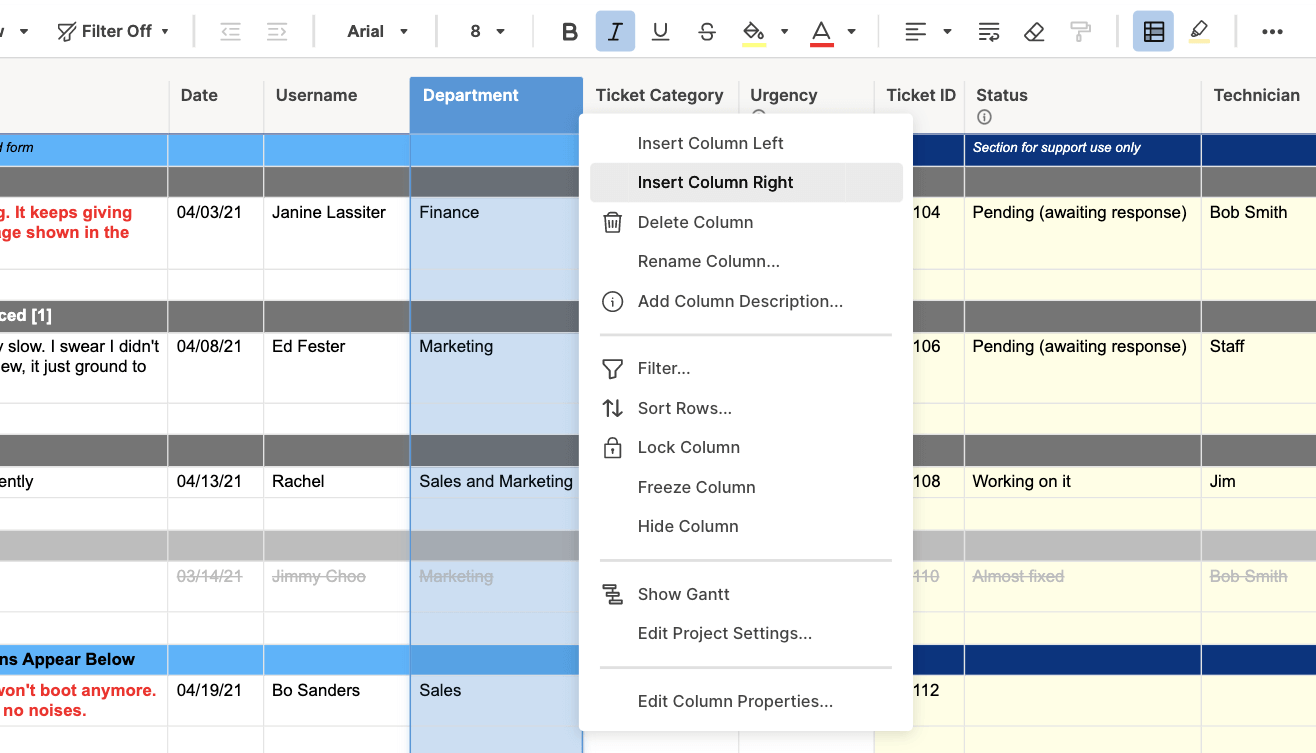 Insert new column in Smartsheet