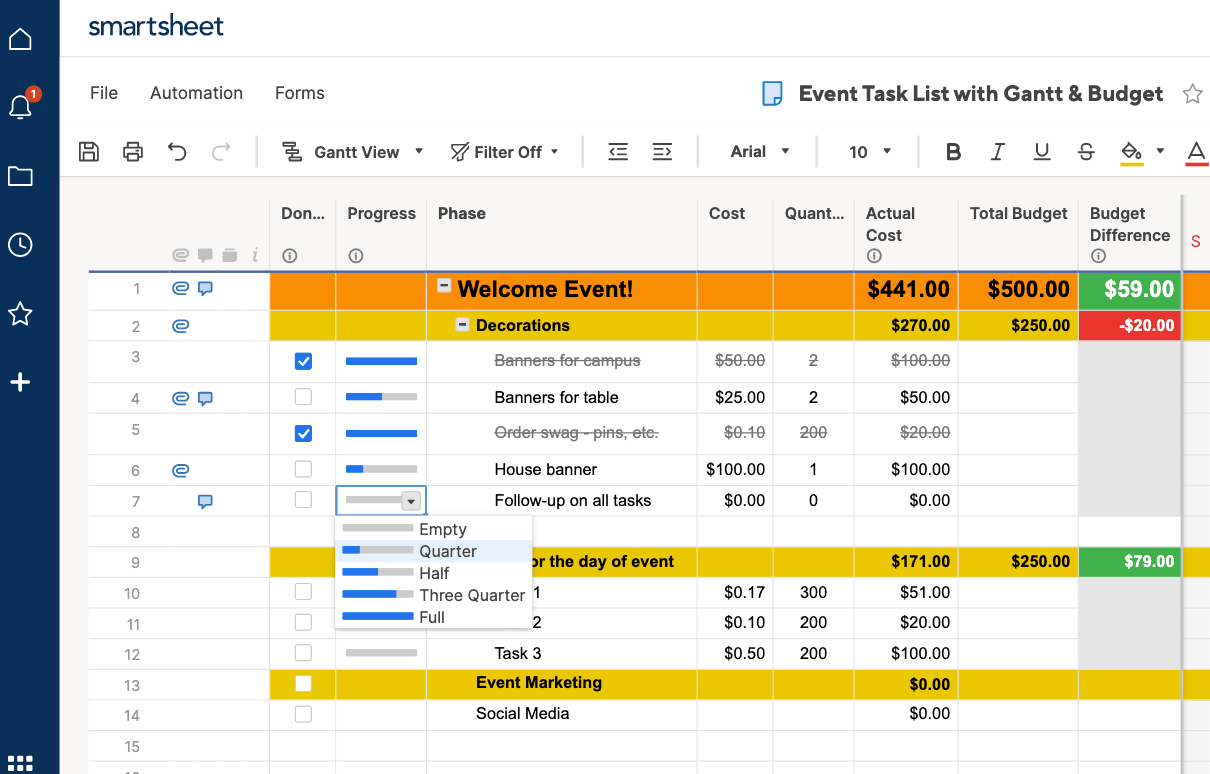 Progress dropdown selection in Smartsheet