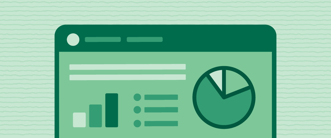 Graphic of a reports dashboard, pie chart, and bar chart