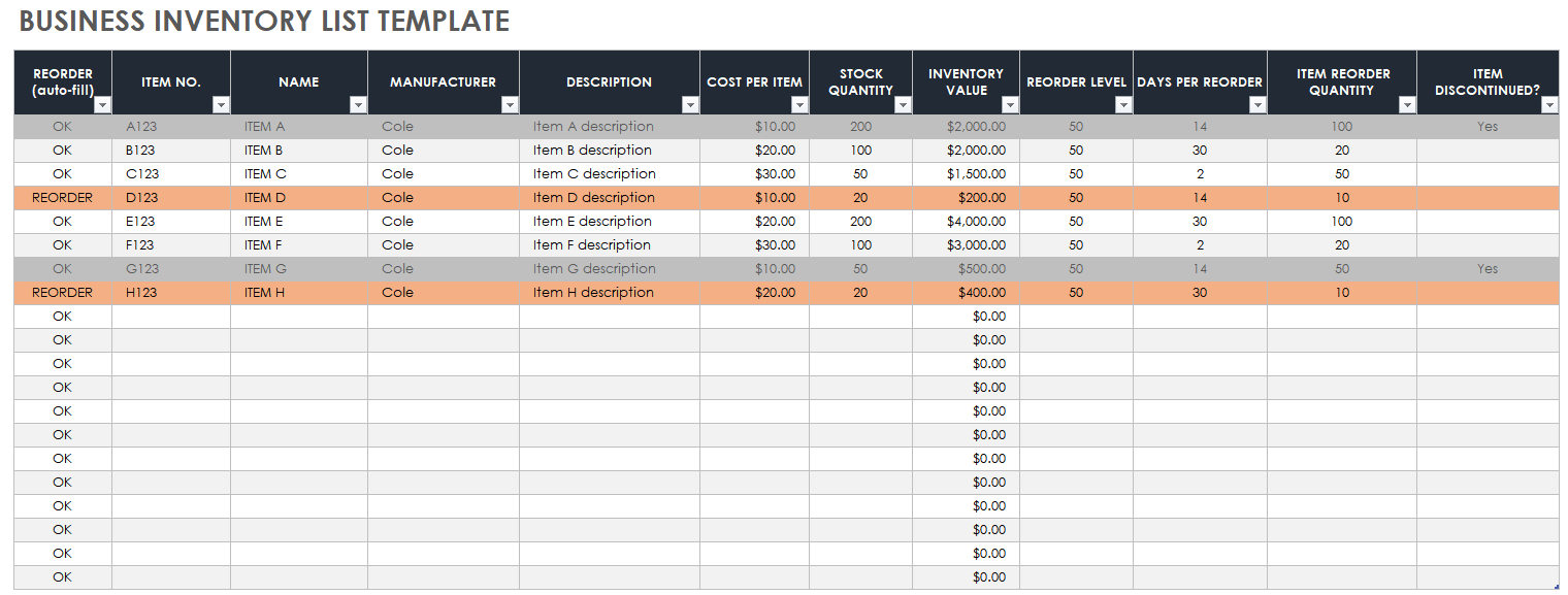 Business Inventory List Template