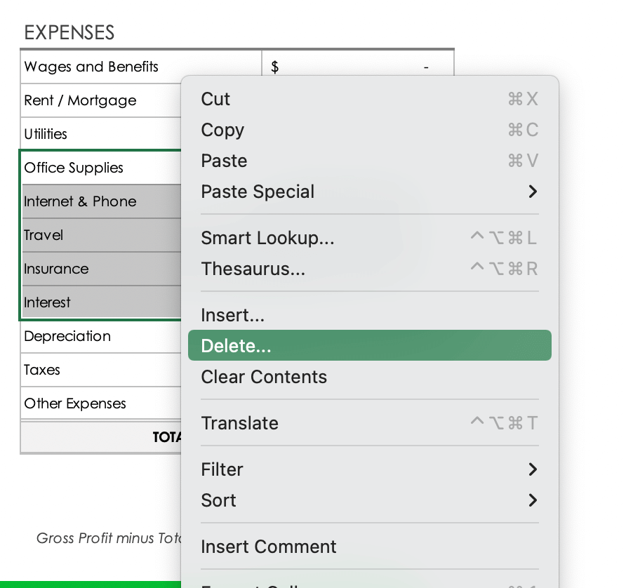 Expenses Row Delete Dropdown Menu