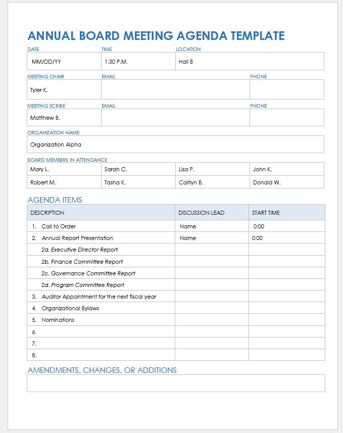 Annual Board Meeting Agenda Template