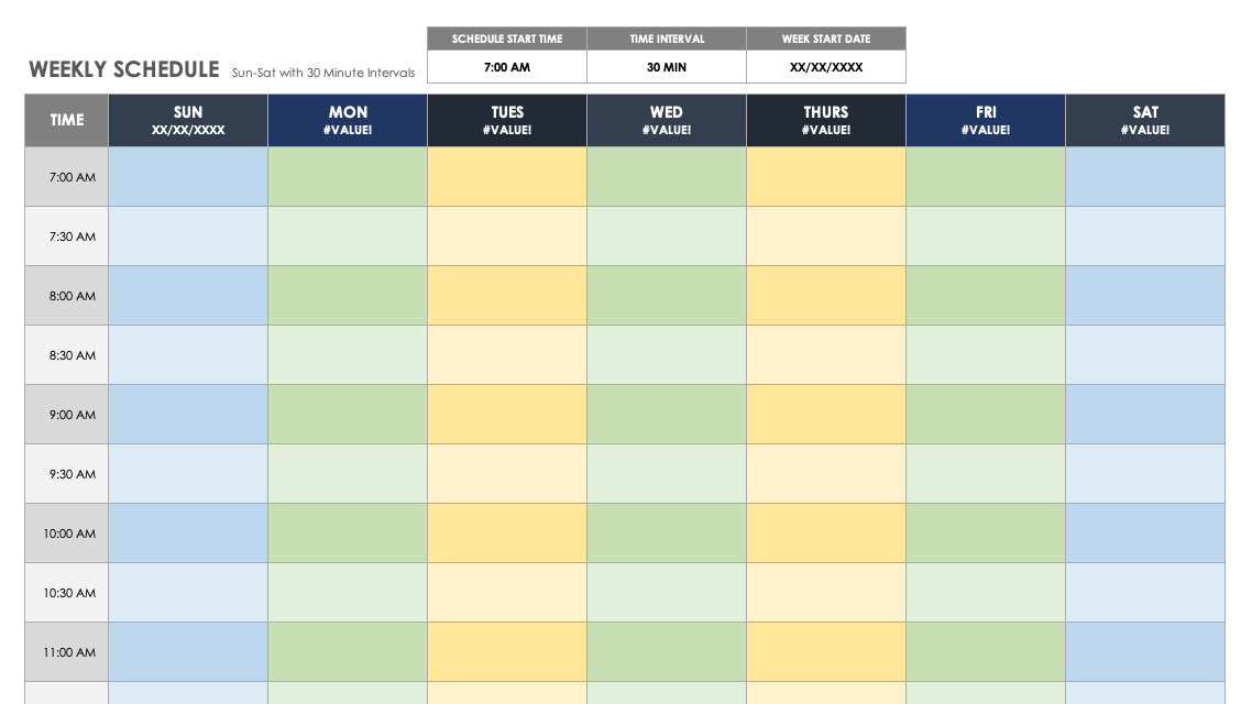 Weekly Schedule Sun-Sat with 30-minute Intervals