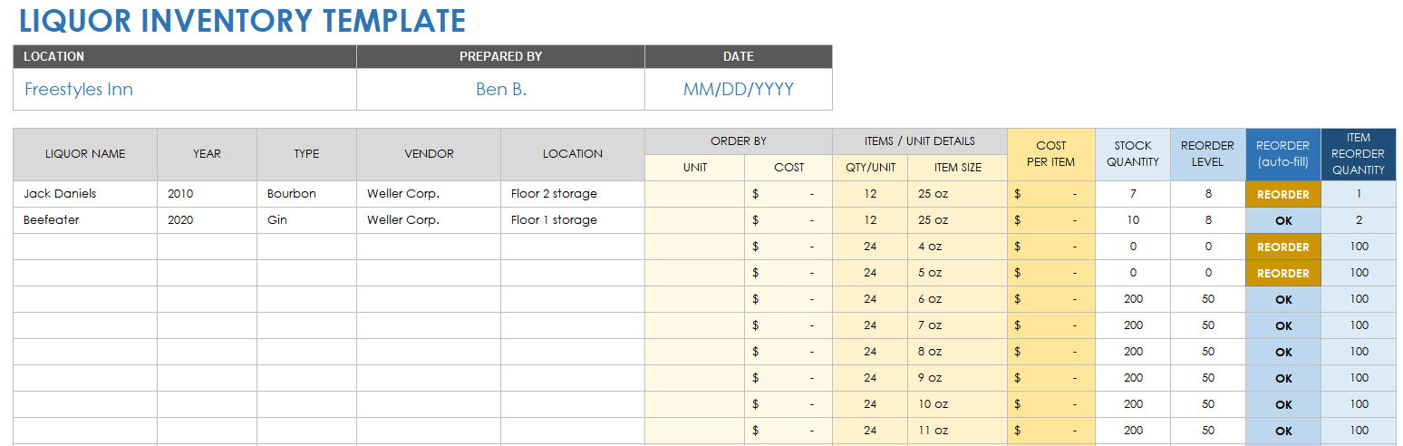 Liquor Inventory Template