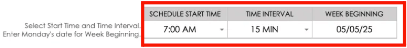 schedule start time interval week beginning