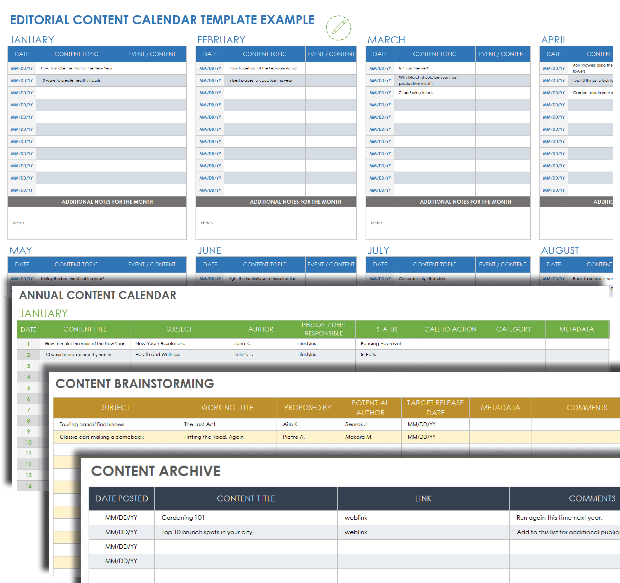 Editorial Content Calendar Example Template