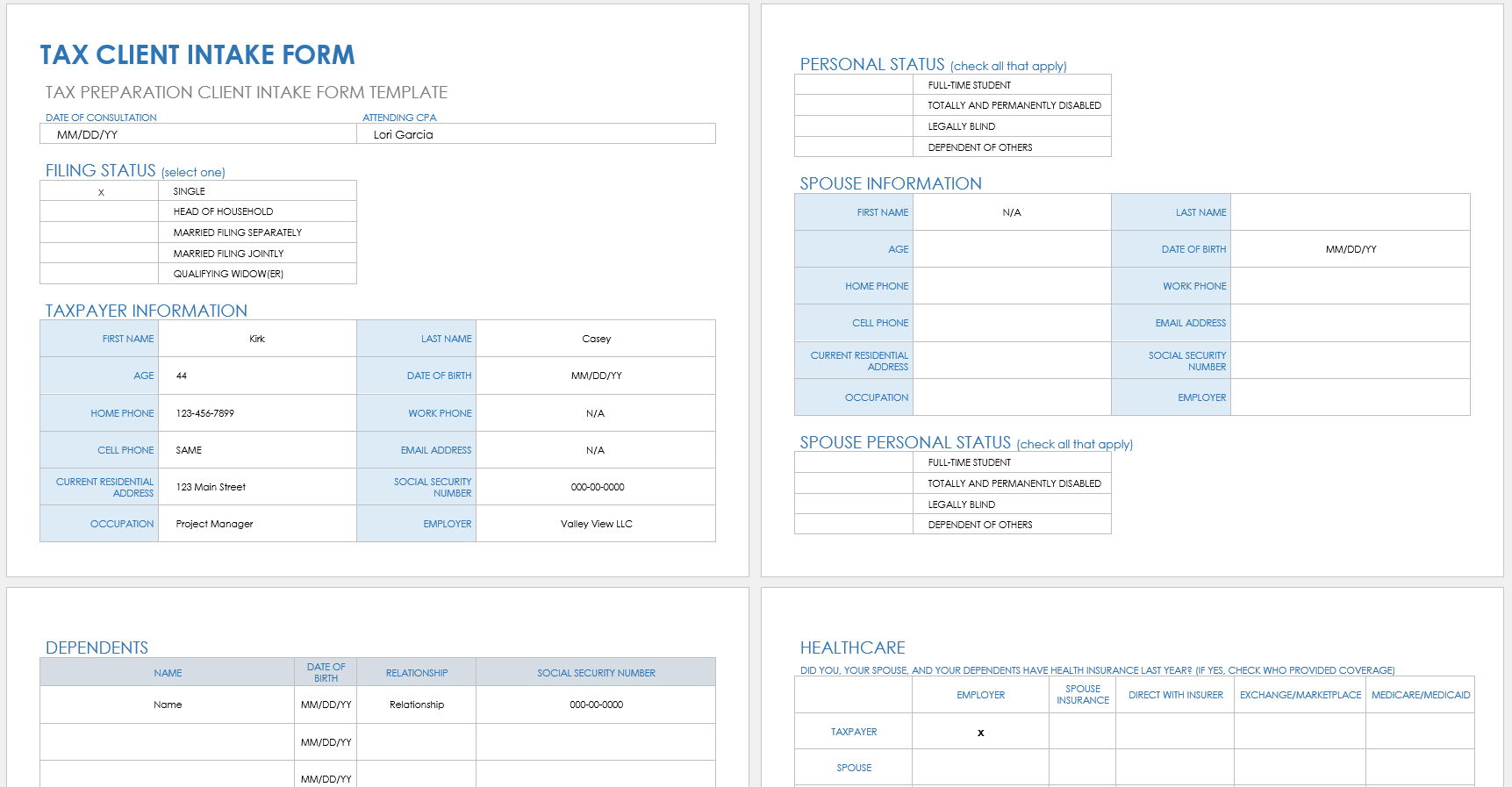 Tax Client Intake Form Template