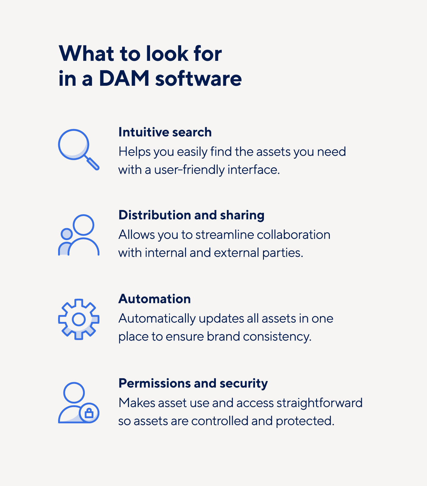 Look for automation, intuitive search, permissions, security, and sharing options in DAM software.