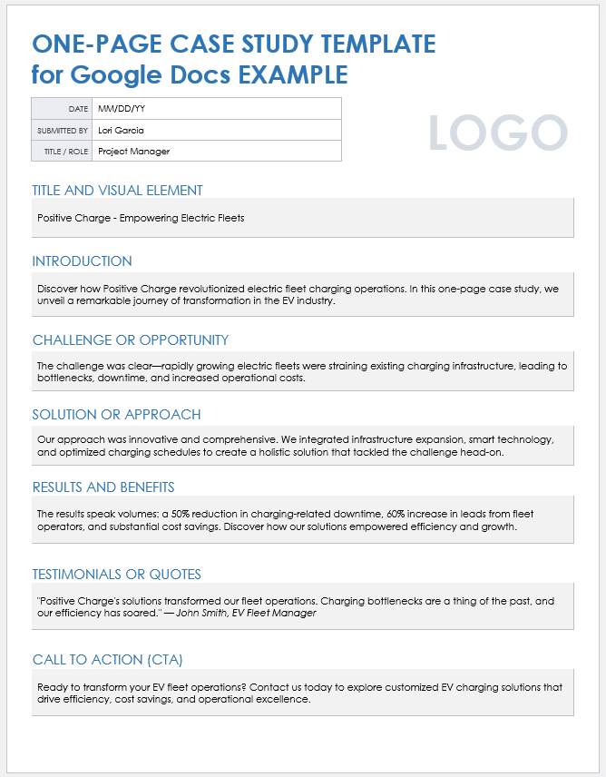 One-Page Case Study Example Template Google Docs