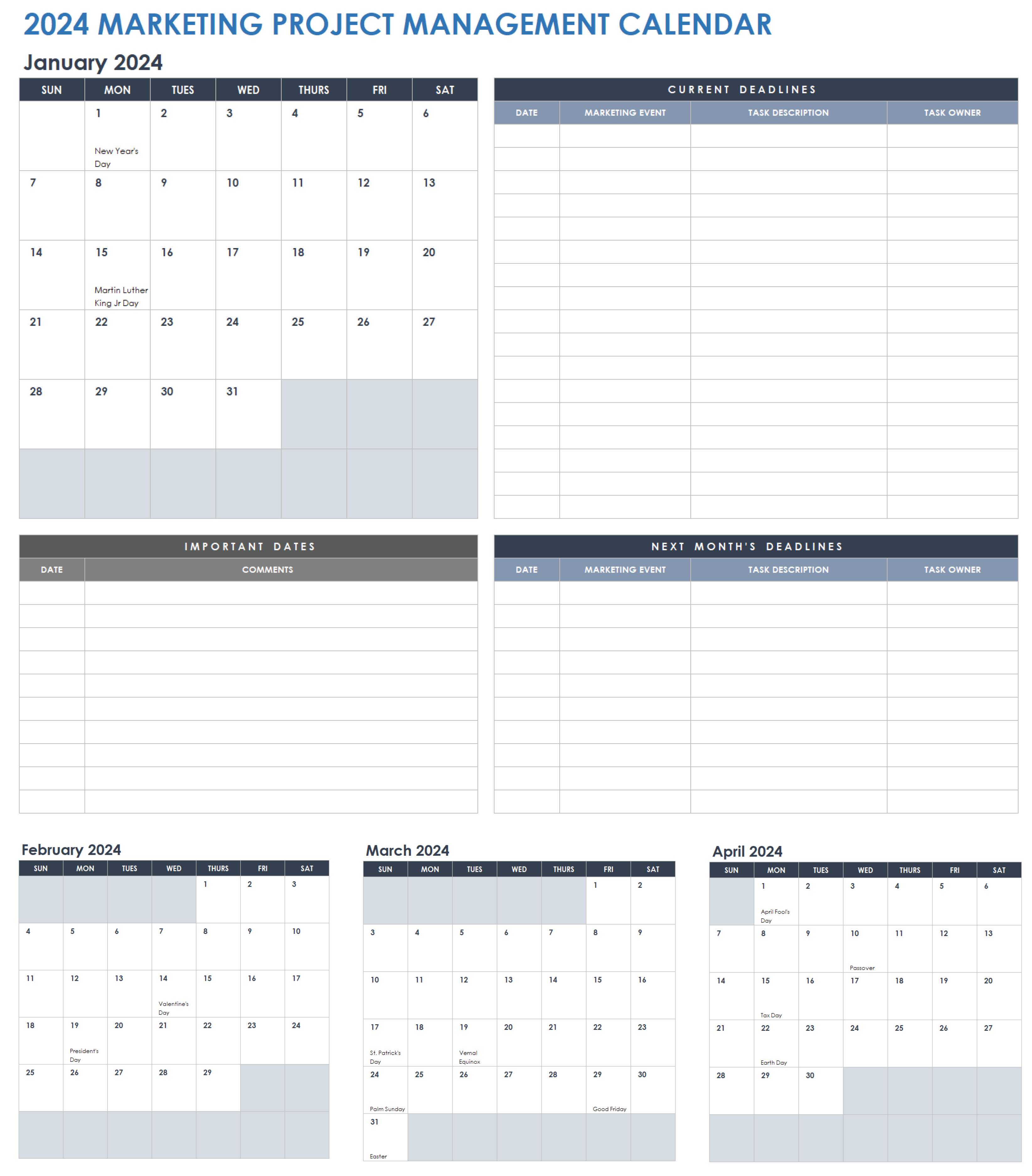 2024 marketing project management calendar template