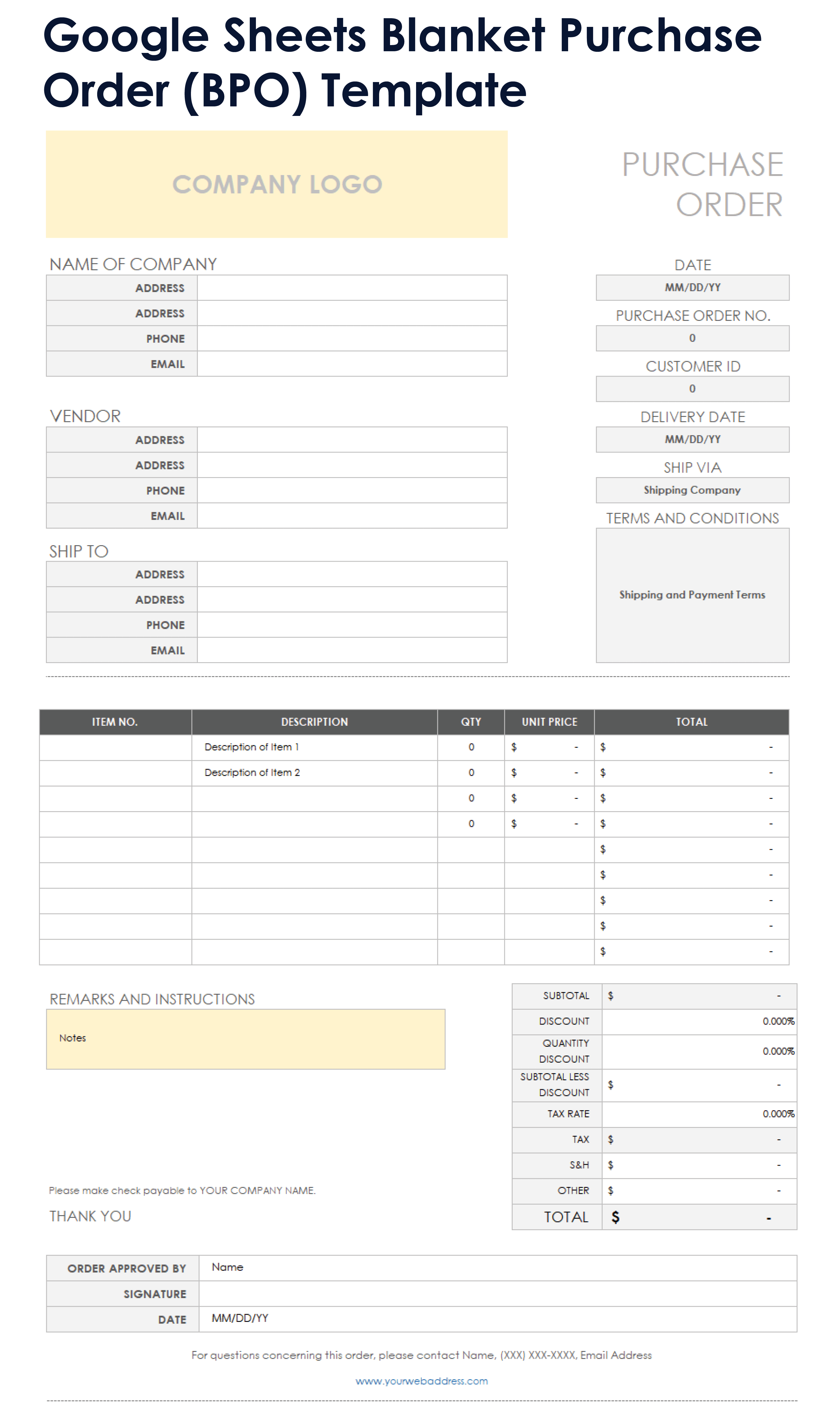 Google Sheets Blanket Purchase Order BPO Template