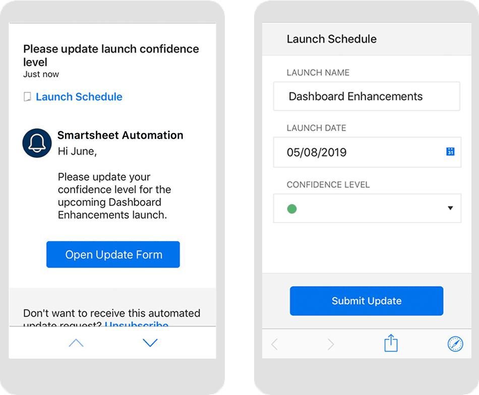 Update request automated workflow in Smartsheet app on mobile