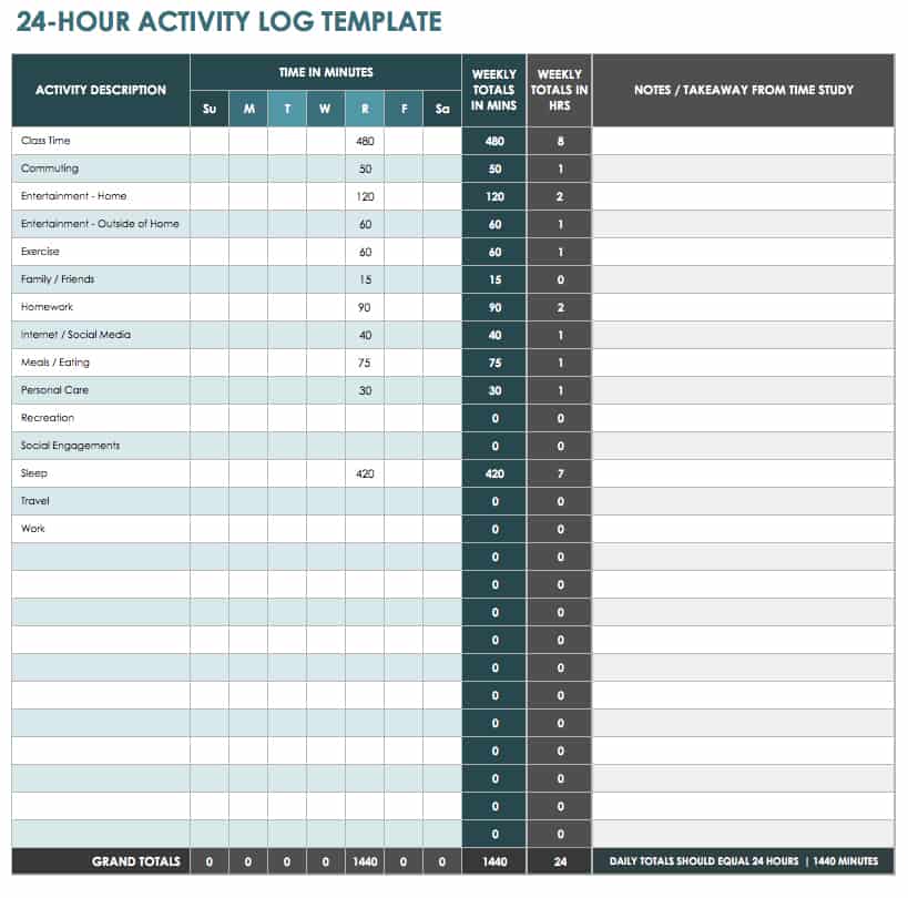 24-Hour Activity Log Template