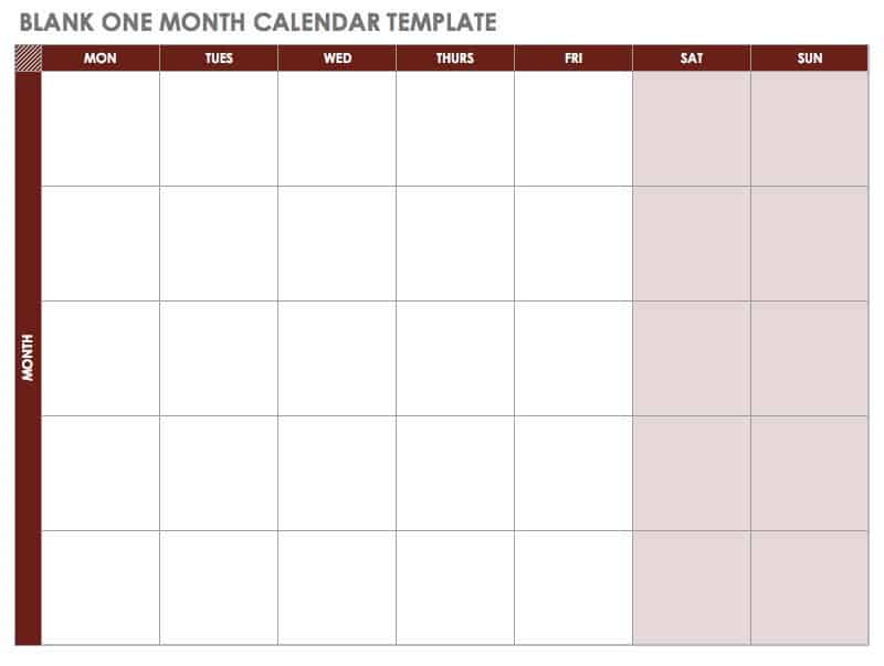 Blank One Month Calendar Starting with Monday Template