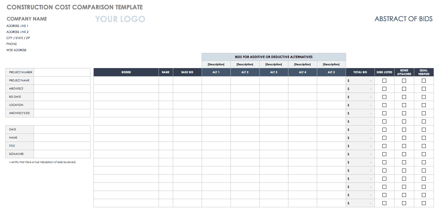 Construction Cost Comparison Template