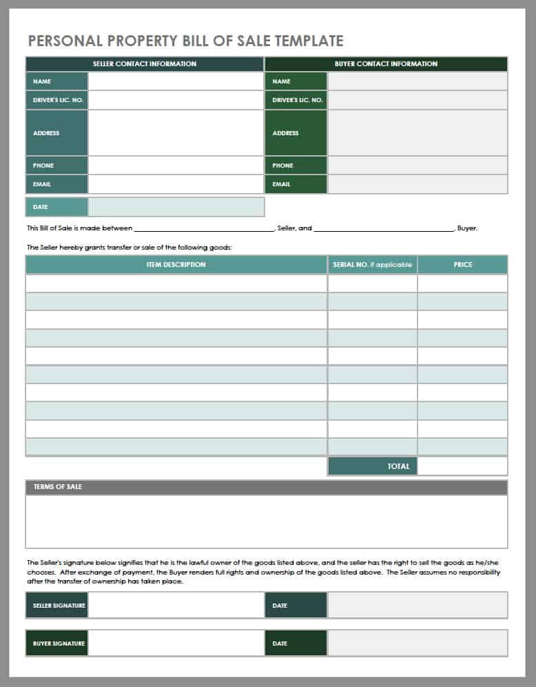 Personal Property Bill of Sale Template