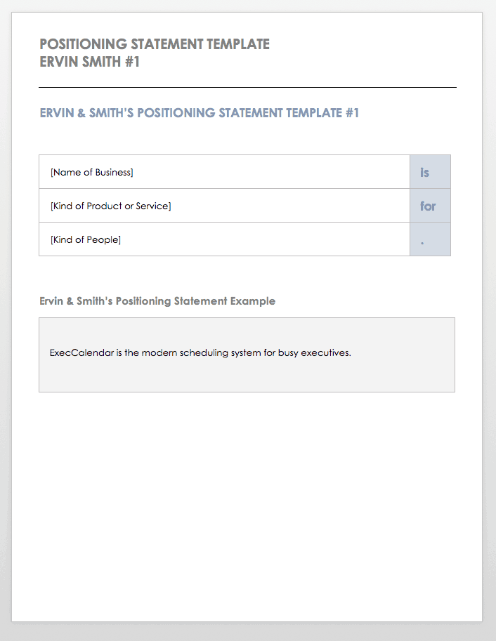 Positioning Statement Template Ervin Smith 1