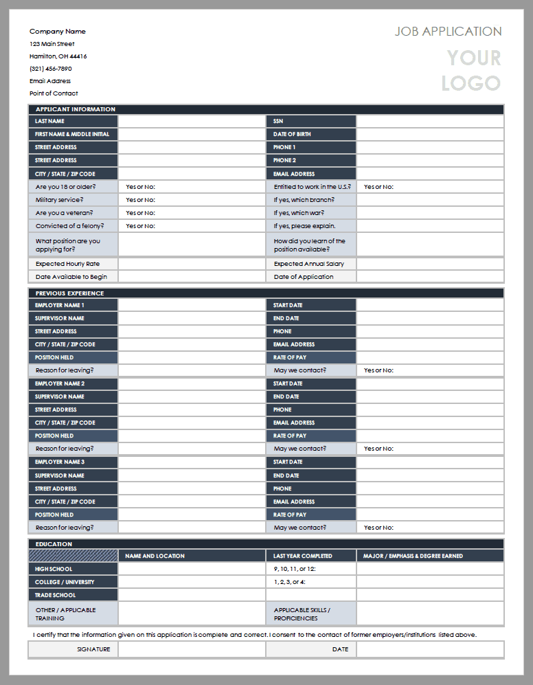 Printable Job Application Template