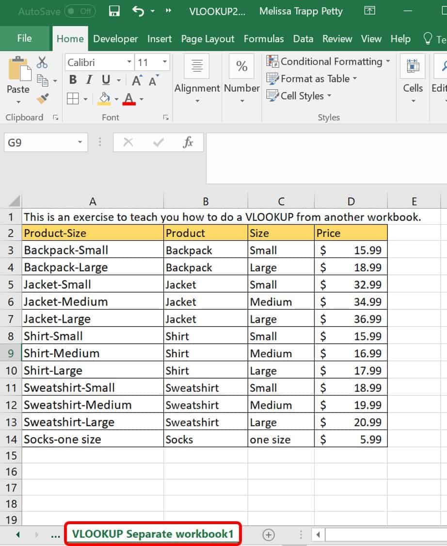 VLOOKUP workbook example