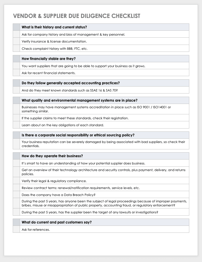 Vendor and Supplier Due Diligence Checklist