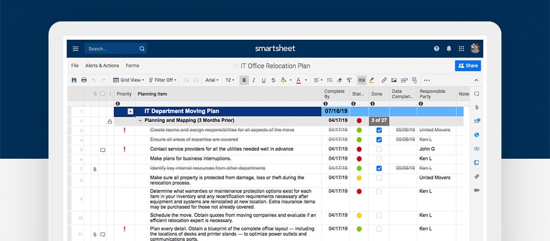 Screenshot of the Smartsheet IT Office Relocation Plan template