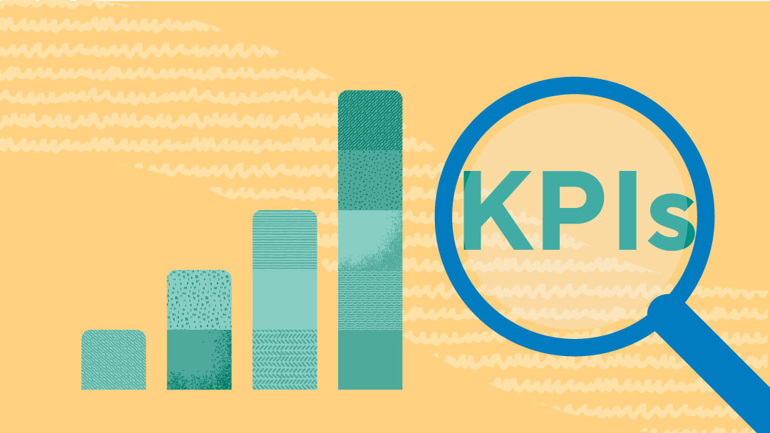 An upward trending bar chart and a magnifying glass on KPIs.