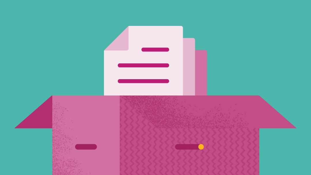 A pink box with a stack of documents coming out from the top.