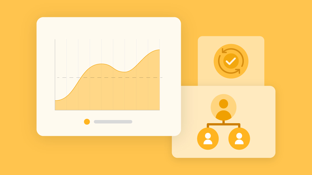 An upward trending line graph, a small organizational chart, and an approval checkmark